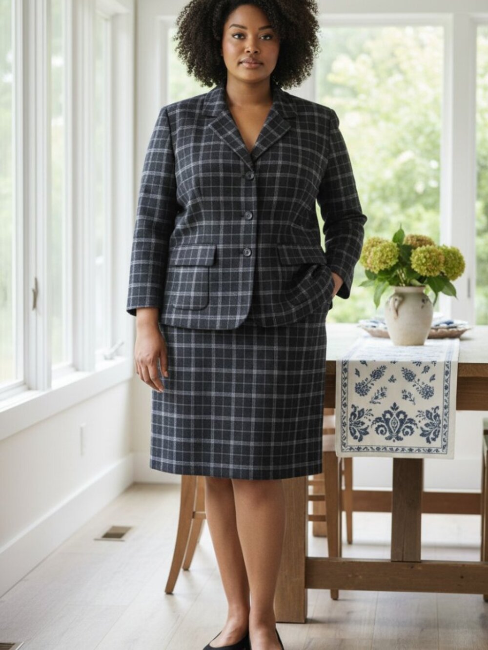 Pendleton Plus 100% Virgin Wool Windowpane Blazer Skirt Suit 22W Made in USA